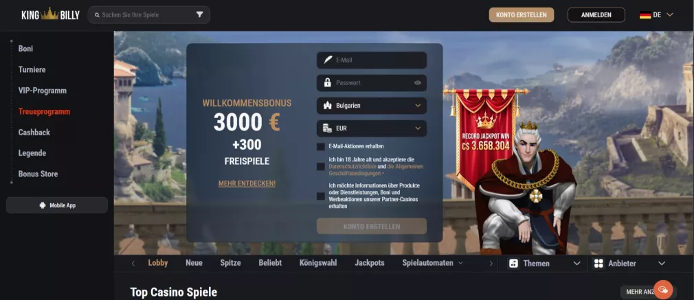 Kingbilly Casino – Willkommensbonus bis zu 3.000 € + 300 Freispiele für neue Spieler in Deutschland